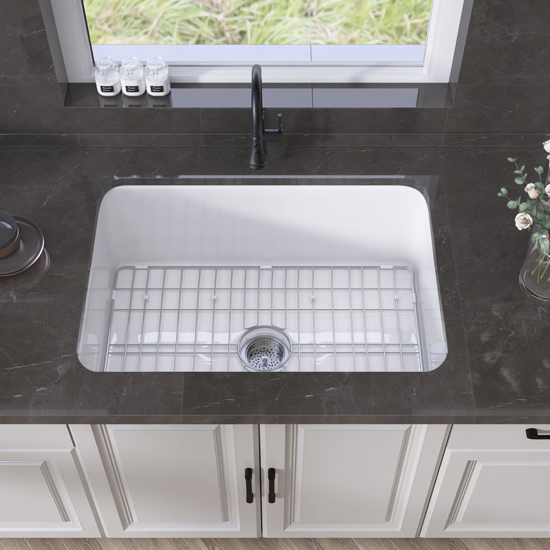 Évier de cuisine de ferme à simple cuve en argile réfractaire à montage sur comptoir et sous-comptoir L 27 po x l 19 po avec accessoires