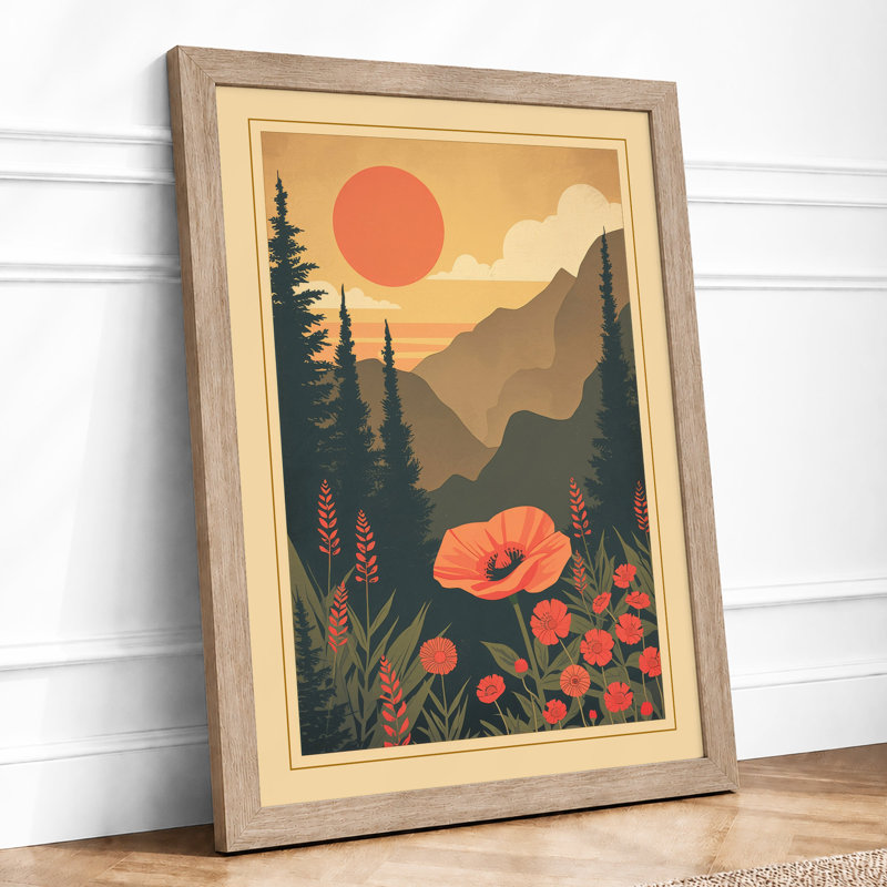 Red Sun Over Poppies Japandi - Framed Print, A4 - 29.7 x 21.0 cm, Oak