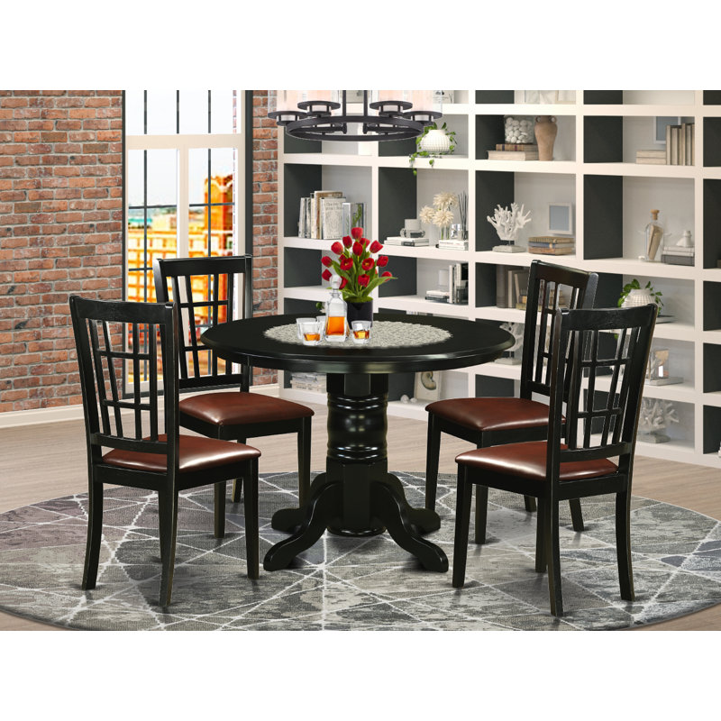 5 Piece Modern Dining Table Set Includes a Round Kitchen Table with Pedestal and 4 Faux Leather Dining Room Chairs, Black