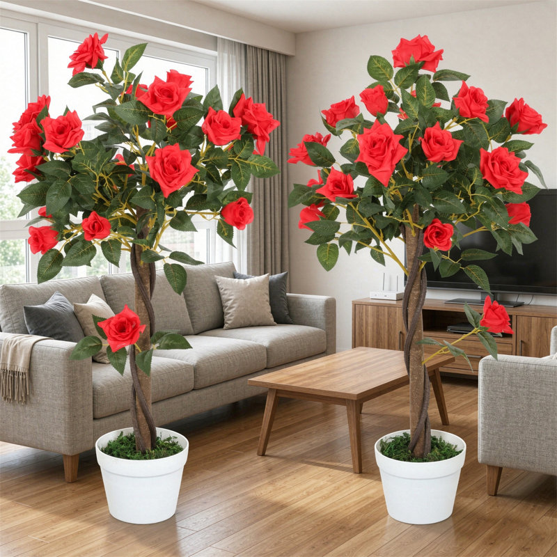 90 cm H Faux Plant in Cement Freestanding  Planter, Red