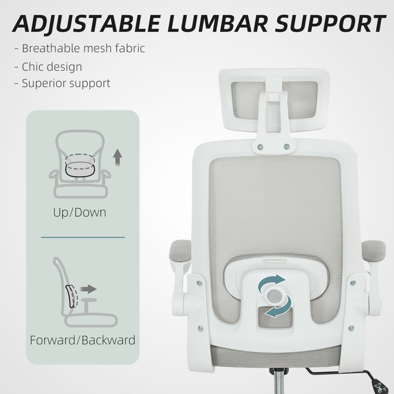 Ergonomic Office Chair, High Back Desk Chair with Flip-up Armrest, Rotatable Headrest, Tilt Function, Adjustable Lumbar Support, Swivel Wheels, Mesh Computer Chair for Home Study, Black