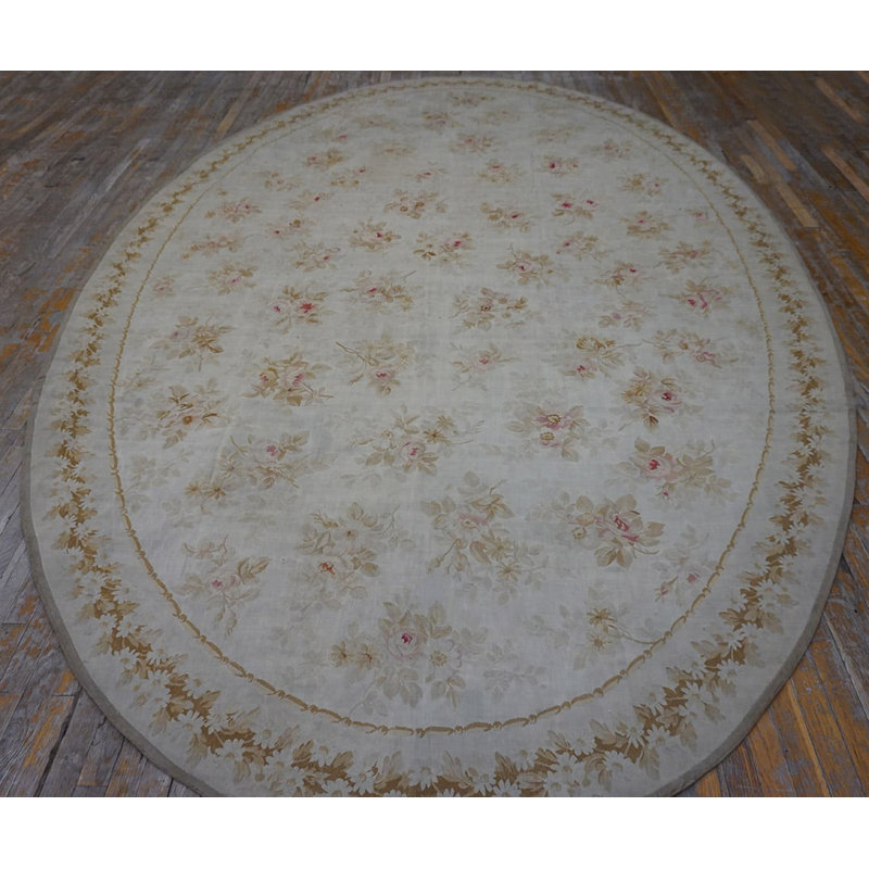 Light Cream Color Faded Floral Motif Antique Oval Room Size French Aubusson Rug