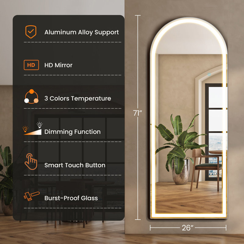 Miroir d'éclairage 3 couleurs avec lumières DEL, miroir éclairé sur pied, H 71 po x l 26 po