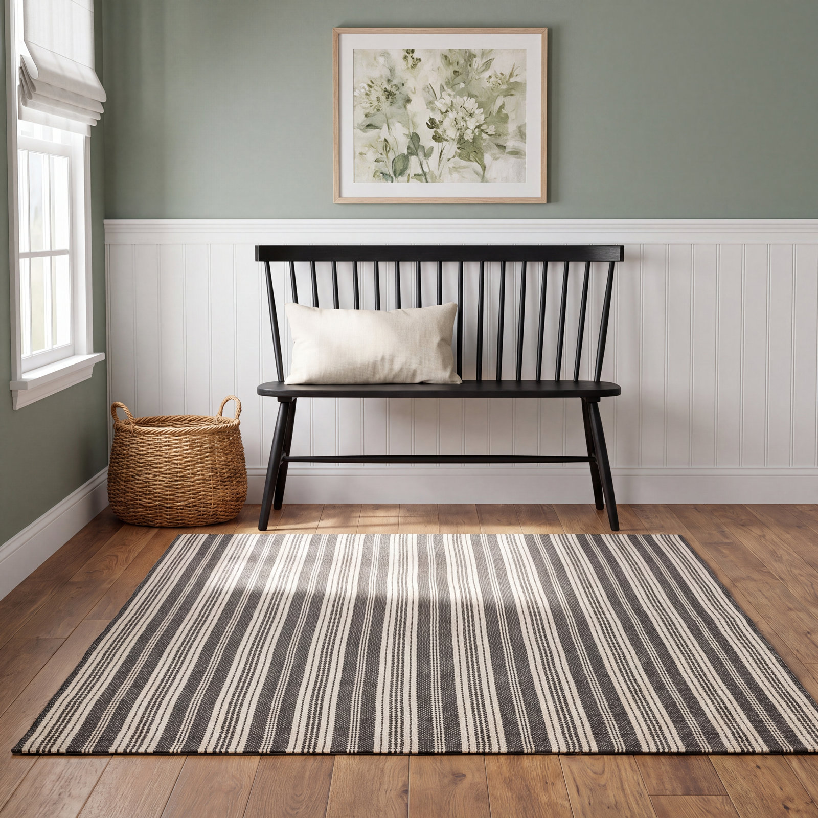 Rish Grey Ivory Hand-Woven Striped Outdoor Rug, Rectangle 6' x 9'