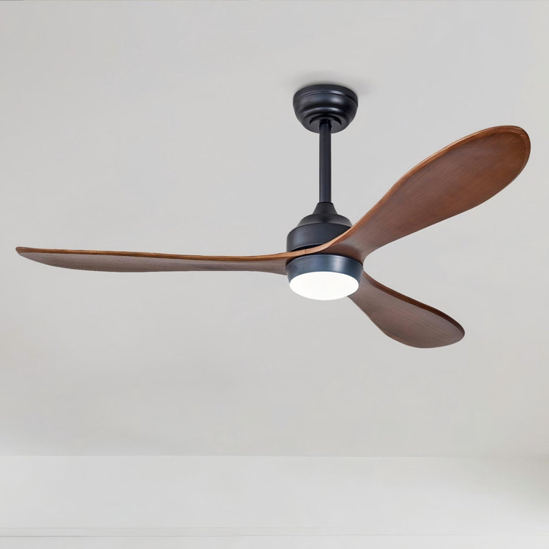 Ventilateur de plafond 52 po en bois massif avec lumière DEL et télécommande, Noir mat, Bois rouge