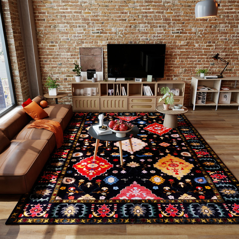 Indoor&Outdoor Washable Area Rug Black Gorgeous flowers Vintage Low Pile Rug for Living Room Bedroom Wedding Banquet
