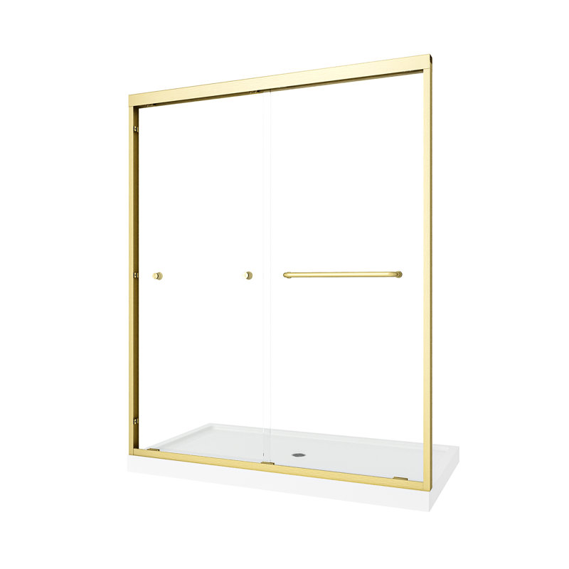 Porte de douche à largeur réglable de 55 à 60 po en or brossé, verre trempé de 1/4 po de 6 mm avec coin chanfreiné, couverture H 72 po Collision, finition dorée, verre, emballage anti-éclaboussures
