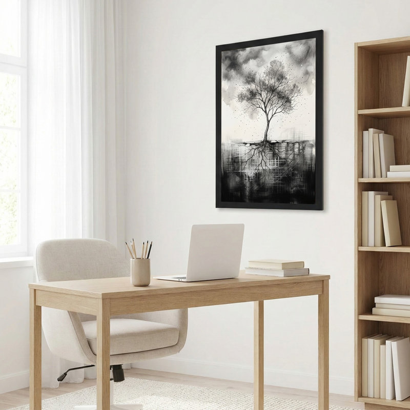 Art mural sur toile noir et blanc avec des racines dans l'eau foncée, 18"H x 12"W