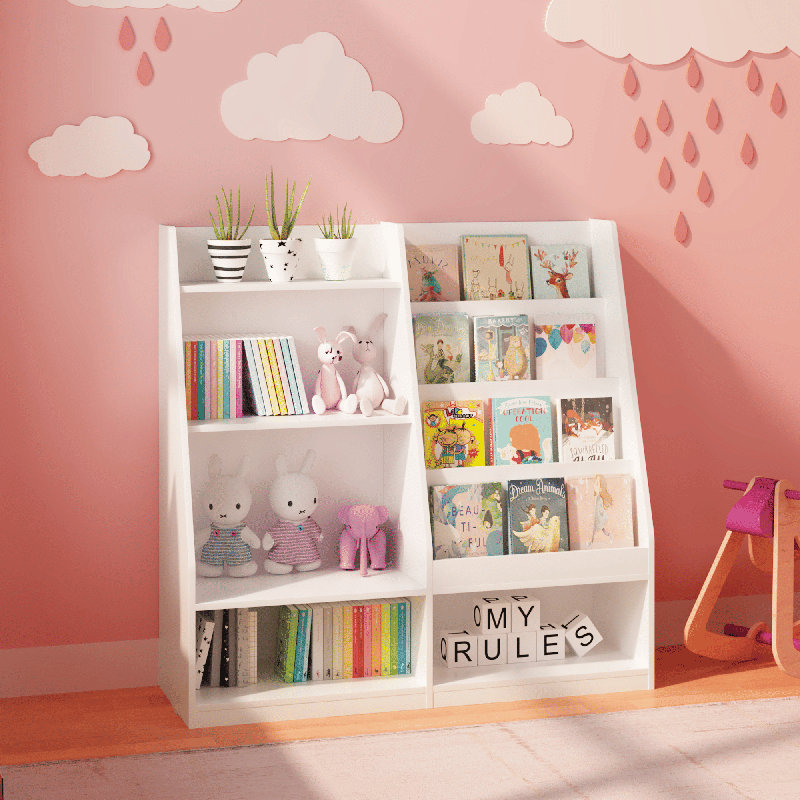 Kids Wooden Bookshelf Toy Storage Organizer, 4-Tier Bookcase Display Stand for Kids Room