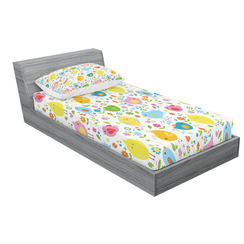 Ensemble de draps Spring Birds with Flowers, Ensemble de draps pour lit simple TG avec drap-hou