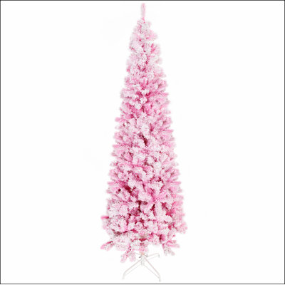 Arbre de Noël artificiel enneigé 7,5 pi de hauteur avec pin et branches réalistes, rose