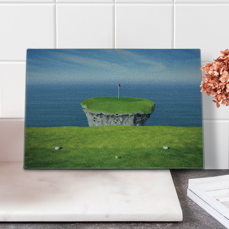 Ambesonne Golf Tempered Glass Cutting Board Scenic View of a Golf Link Lime Green Blue and Dusk
