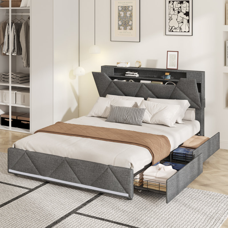 Filipkowski Bed Frame with Upholstered Storage Headboard and 4 Drawers, Queen, Gray Linen