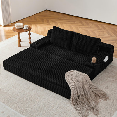 Causeuse surdimensionnée convertible en nuage avec porte-gobelets et rangement latéral 70,7 po Corduroy 2-en-1 Futon