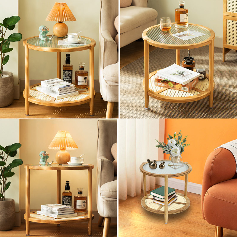 Junita Glass Bamboo Round Storage Side End Table