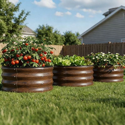  3 Pack Round Raised Garden Bed 2X2x1ft,Galvanized Metal Planter Box Kit For Outdoor Gardening,Vegetable Flower Herb Growing Beds With Gloves Tools,Brown