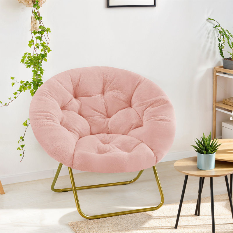 Upholstered Folding Saucer Chairs, Soft Accent Chair, Portable Moon Chair for Bedroom, Apartments, Pink Faux Fur