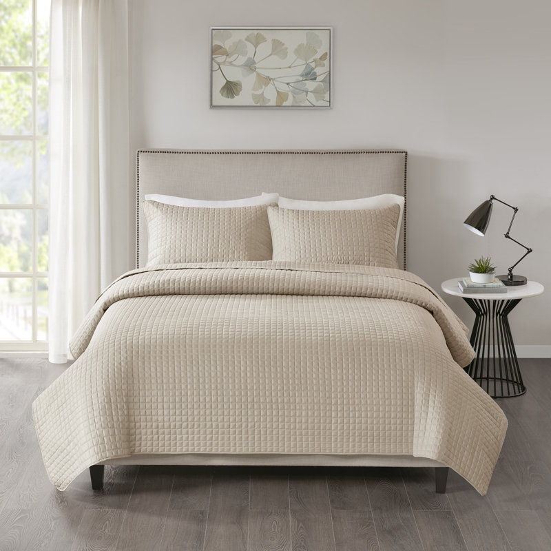 Khaki Microfiber King Reversible Quilt Set