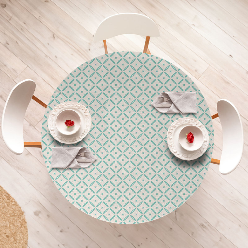 Bungalow Rose Abstract Fitted Round Tablecloth Diameter Seafoam and Eggshell, 67.72" Round