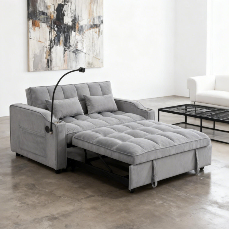Canapé-lit futon moderne en velours avec canapé-lit, petit canapé-lit avec dossier inclinable réglable, coussins décoratifs, poches, meubles de salon, canapé-lit convertible 3 en 1