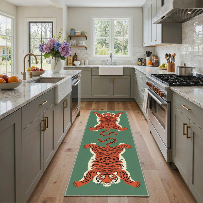 Kai Emerald Jungle Tiger Animal Print Machine Washable Green / Orange Indoor Area Rug with Non-Slip Backing, Runner 2' x 6'
