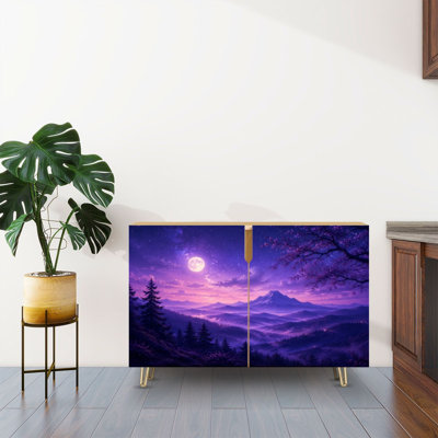 Sideboard Buffet Cabinet with Storage Dreamy Purple Mountain Landscape Moon Misty Forest Layers with 2 Doors for Living Room and Kitchen