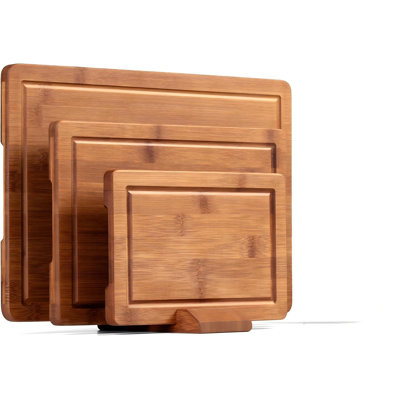 Ensemble de planches à découper en bambou profondément carbonisé pour la cuisine avec support de rangement en bois, rainures à jus profondes, poignées faciles à saisir, non, patins antidérapants, cadeau de cuisine de qualité supérieure