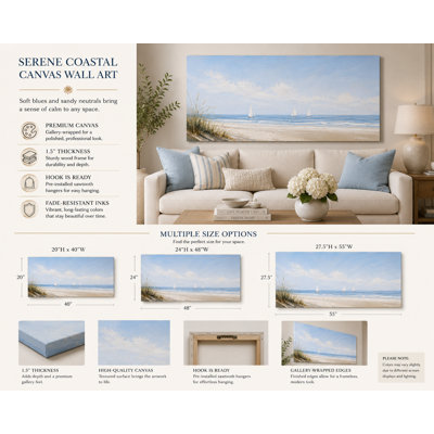 Art mural doux sur toile voilier côtier bleu, peinture de paysage de plage océan, décoration murale moderne sur toile tendue