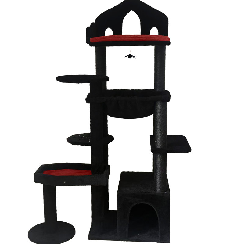 Tour pour chat de couleur noire - forme de couchage, poteaux à griffer et installation rapide avec maison effrayante, coussins épaissis,
