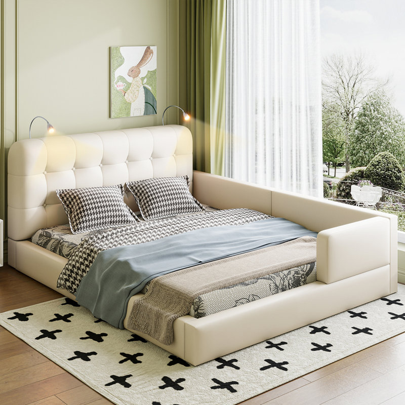 Grand lit plateforme tapissier avec 2 lampes de lecture, Blanc