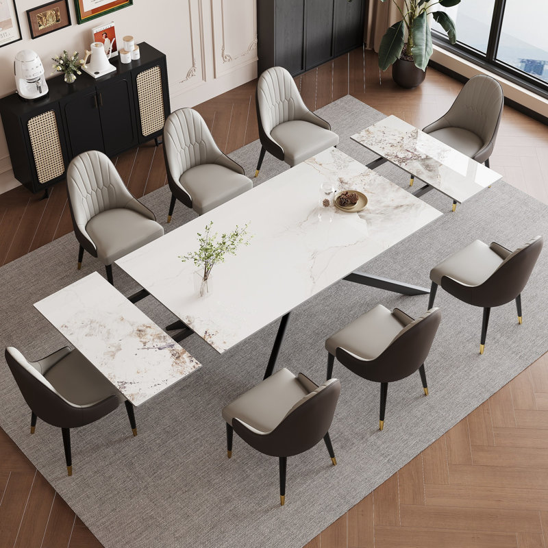 Vetler 9 - Piece 110.23'' Extendable Rectangular Sintered Stone Dining Table with 8 Leather Chairs Dining Set, Chanel