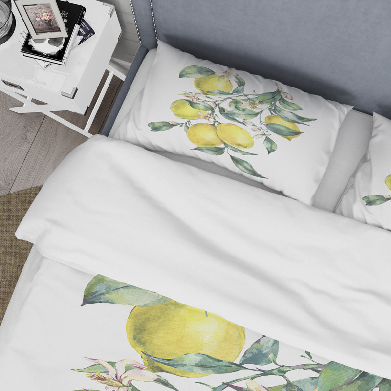Branche de citrons jaunes et feuilles I - ensemble de housse de couette tropical - microfibre de polyester