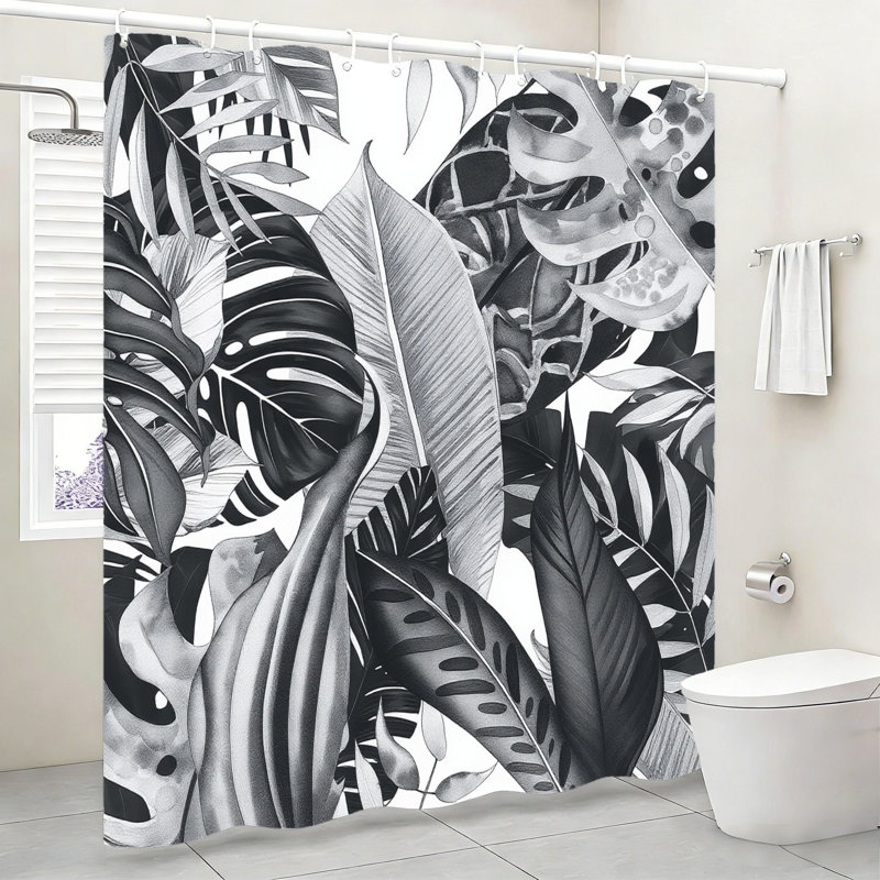 Rideau de salle de bain Tropical Leaf 72 "x 72" (180 x 180 cm) avec crochets, noir