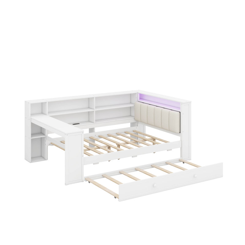 Wood Full Size Platform Bed With Storage Shelves, Trundle, Charging Station, LED, Desk And Upholstered Headboard, White