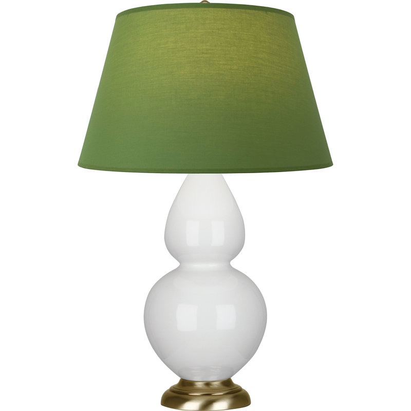 Lampe de table double gourde en céramique, Thé vert / taupe, Lys émaillé / laiton, Laiton