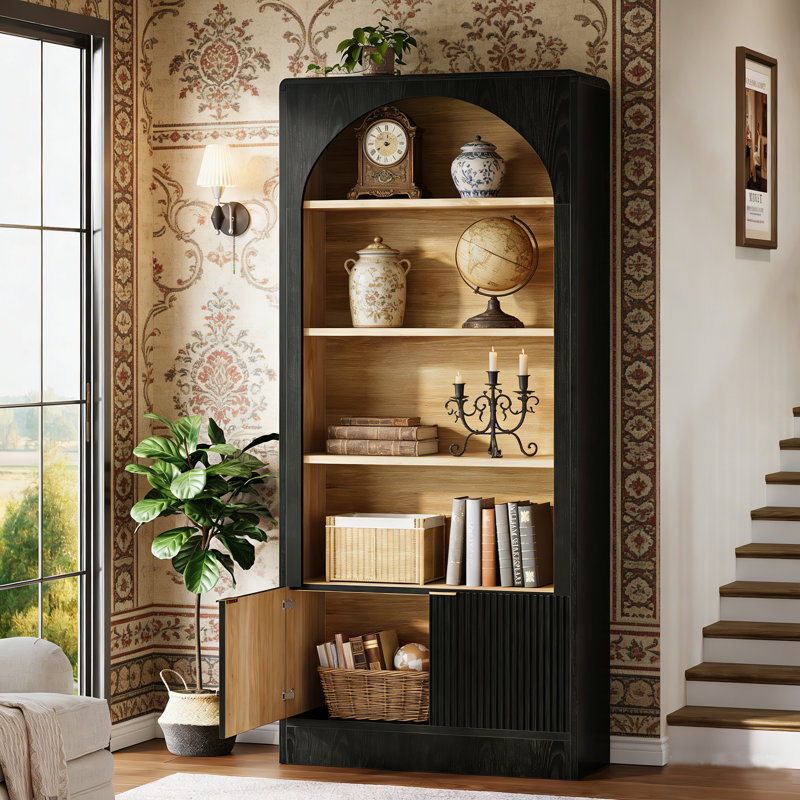 71" Tall Bookcase with 5-Tier Storage Cabinet and Fluted Doors