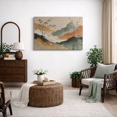 «Neutral Earth Tone Abstract Landscape Bamboo Artwork», photos de salon, impression sur toile encadrée