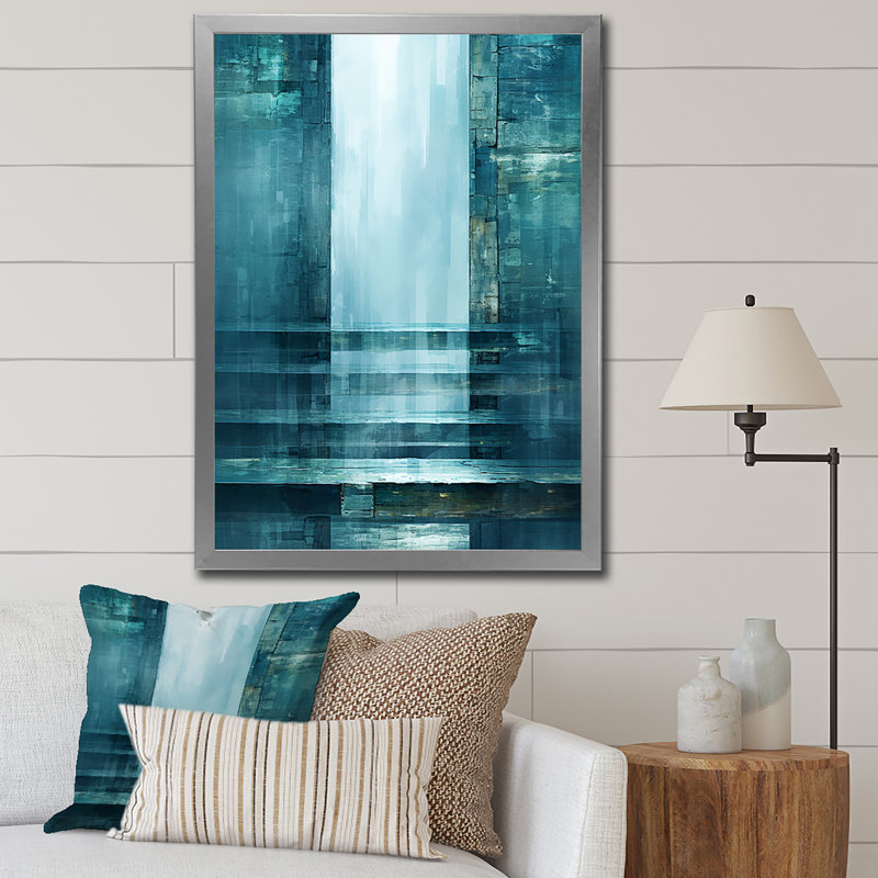 Décoration murale porte à l'autre côté turquoise I - Collages abstraits, H 32 po x l 24 po x P 1 po, Cadre simple argenté