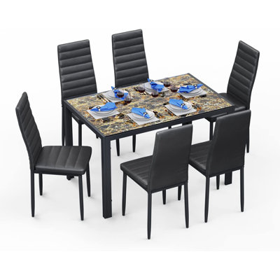 7 - Piece Glass Top Dining Set, Dining Table with 6 Faux Leather Chairs