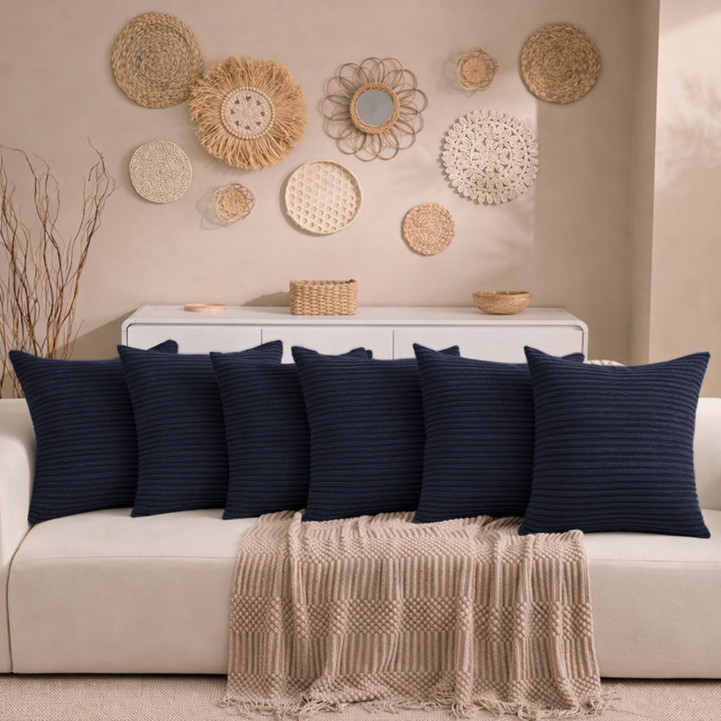 Aspire Homeware Striped Square Velvet Cushion Cover, Navy, Pack of 6