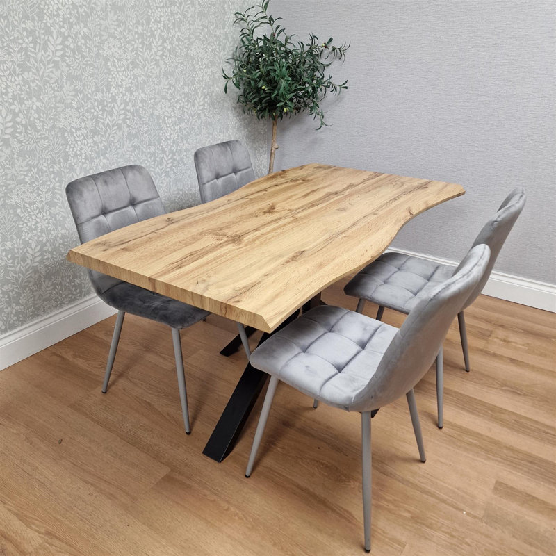 Wooden Brown Dining Table with 4 Black Velvet Chairs, Stylish Dining Room Furniture, Grey