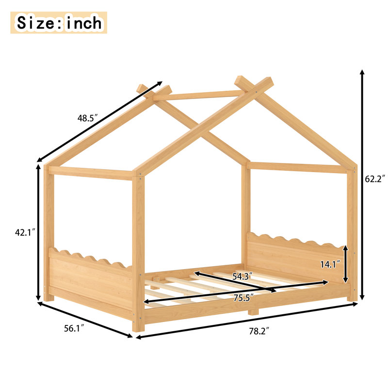 Full Size Kids House Floor Bed with Solid Wood Frame, Playhouse Design, Support Slats, No Box Spring, Natural, Natural, Full