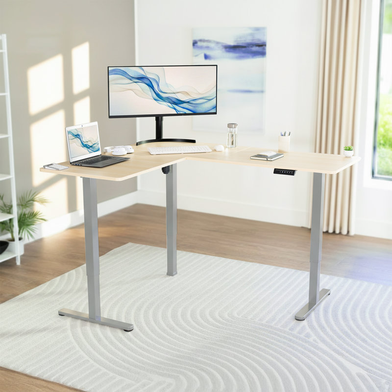 Bureau d'angle électrique VIVO, poste de travail en L, L 63 po x P 55,2 po, Bois pâle / gris