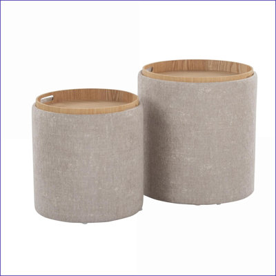 Ottoman Set, 2-Piece Contemporary Nesting with Natural Wood Tray, No Assembly | Tan Brown Fabric