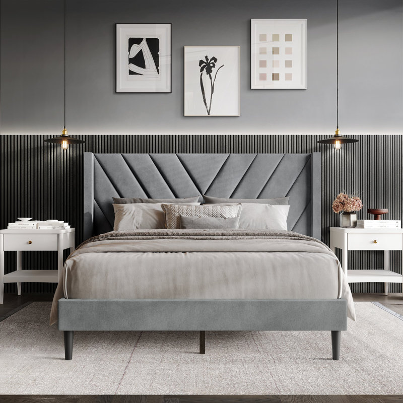 Elegence Wingback Platform Bed, Light Gray, Full