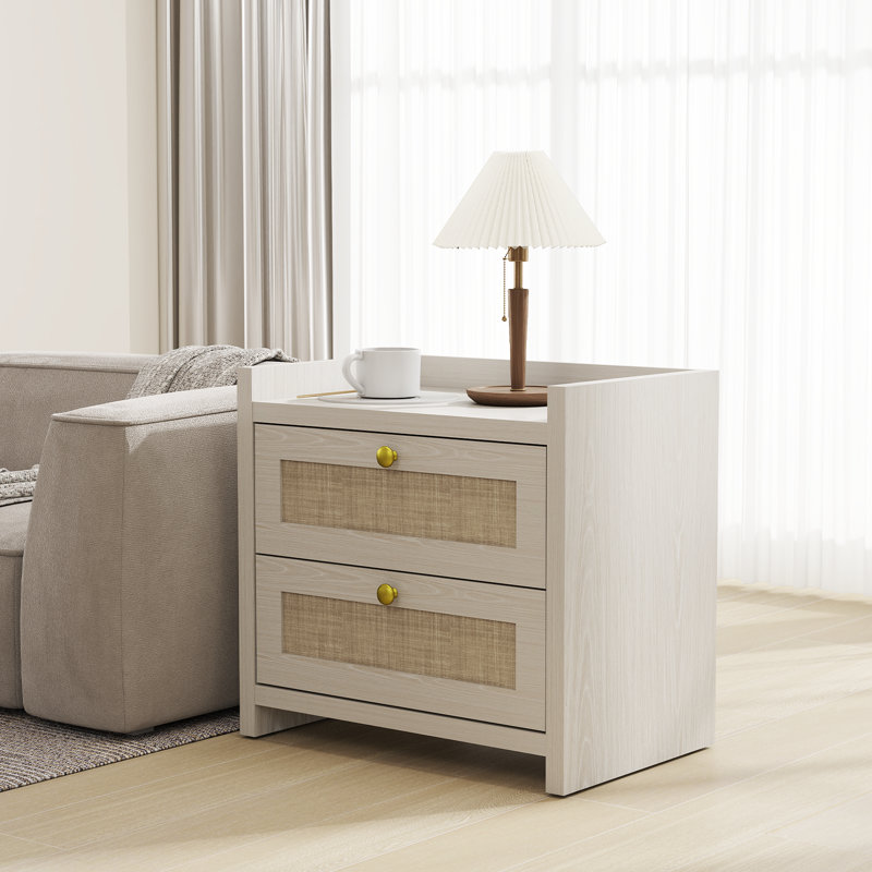 Natural Linen Nightstand, Boho Bedside Table End Table With Quiet Soft Close Drawer, Wood Farmhouse Large Night Stands With Charging Station For Bedroom, Ash