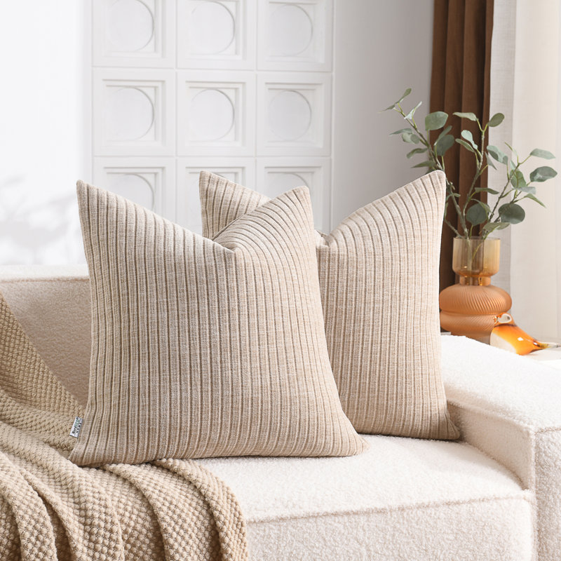 Soft Chenille Stripes Solid Cushion Cover Cozy Neutral Farmhouse Pillow Covers, Beige, Square 20"