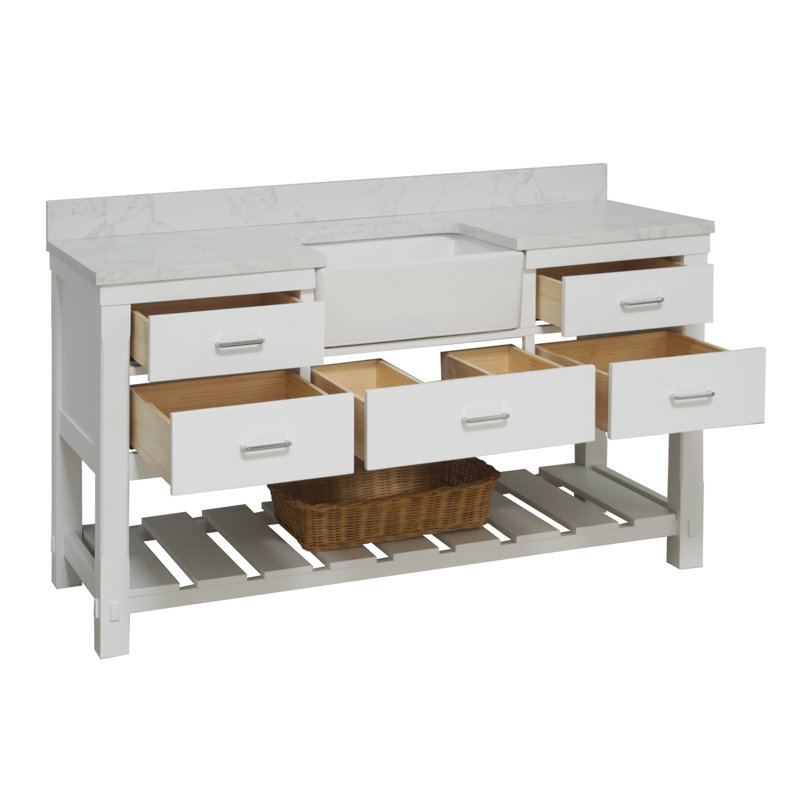 Hitton 60'' Single Bathroom Vanity with Top, White, Engineered Carrara