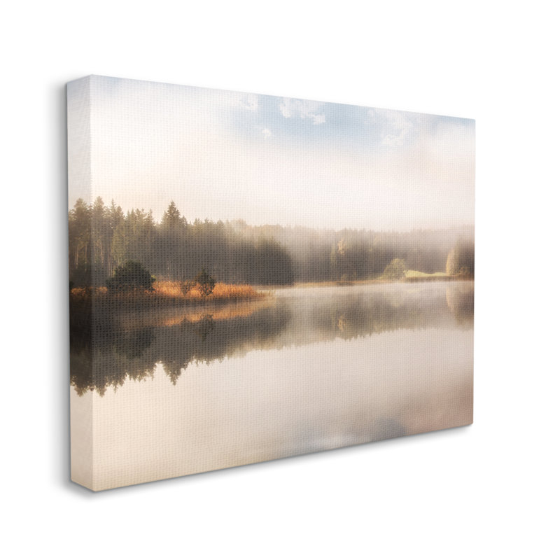 «Autumn Lake Misty Landscape Distant Pine Tree Forest» par Irene Weisz - photographie, Toile tendue, H 30 po x l 40 po