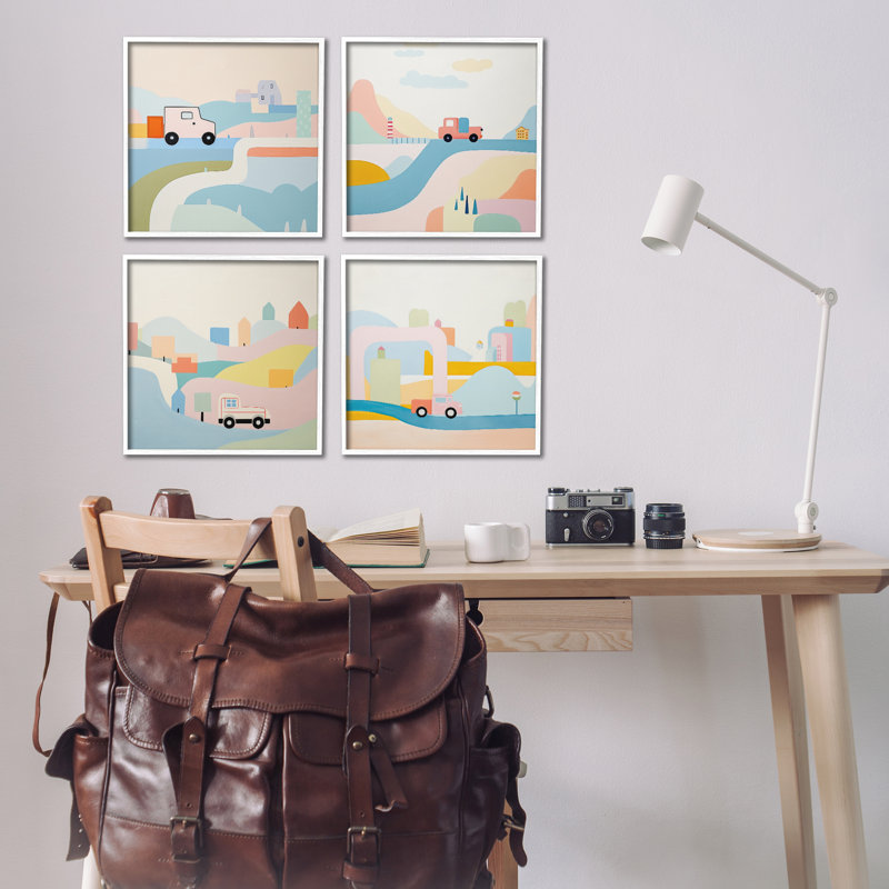  Ensemble de 4 giclées Pastel, H 17 po x l 17 po, Estampe numérique encadrée blanc bord de mer